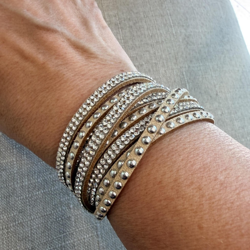 Beige Faux Leather Crystal Wrap Bracelet Womens Adjustable Snap Studded Boho